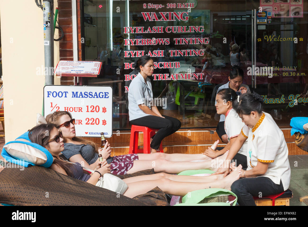 Thailand, Bangkok, Khaosan Road, Tourists Having Massage Stock Photo
