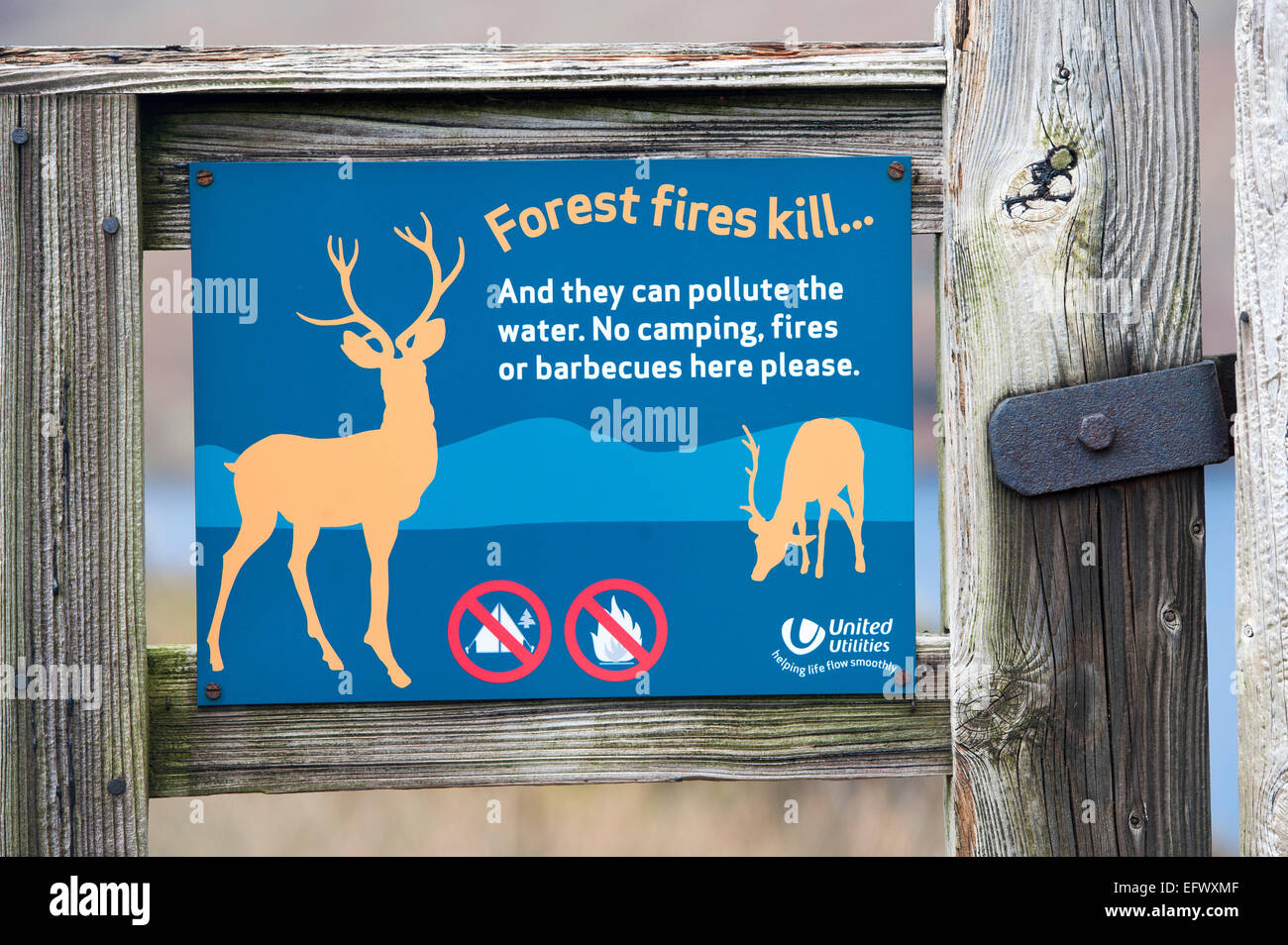 Fire Warning sign on gate in Lake District, Cumbria Stock Photo