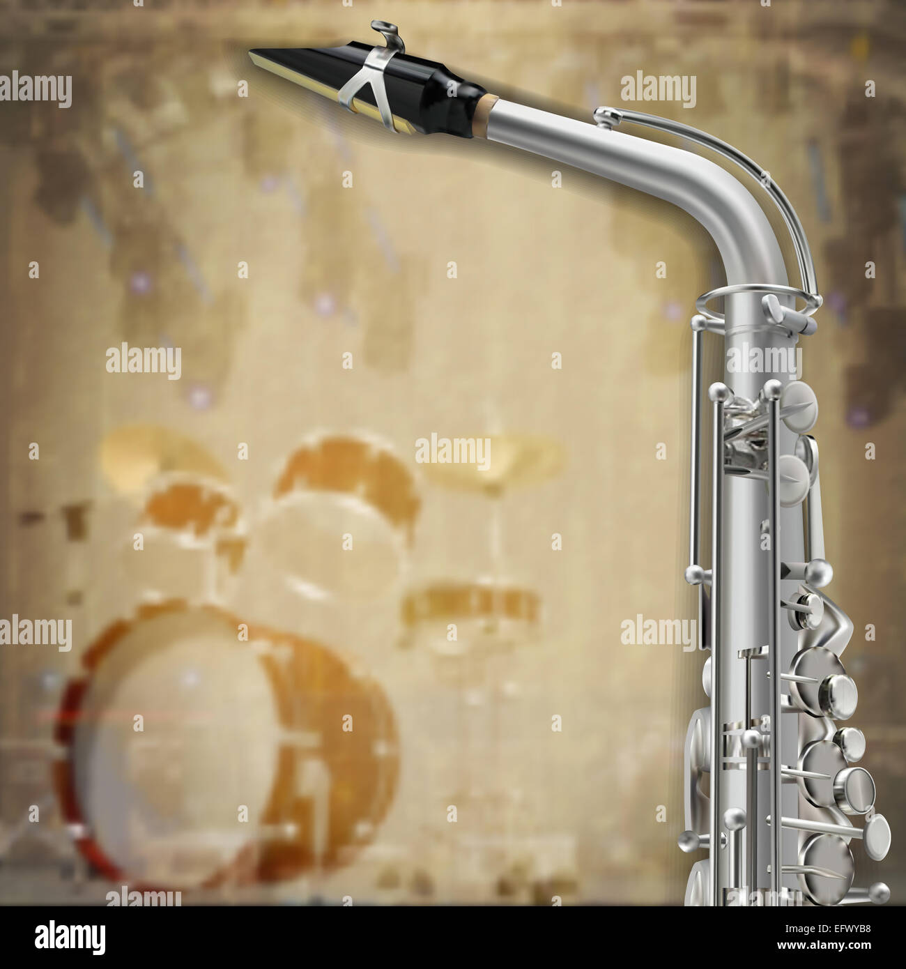 abstract music grunge background with saxophone and drum kit Stock Photo