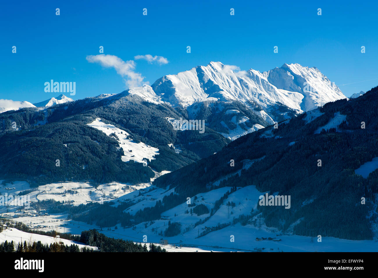 Mountain landscape in Austrian Alps with sunny weather and blue sky Stock Photo