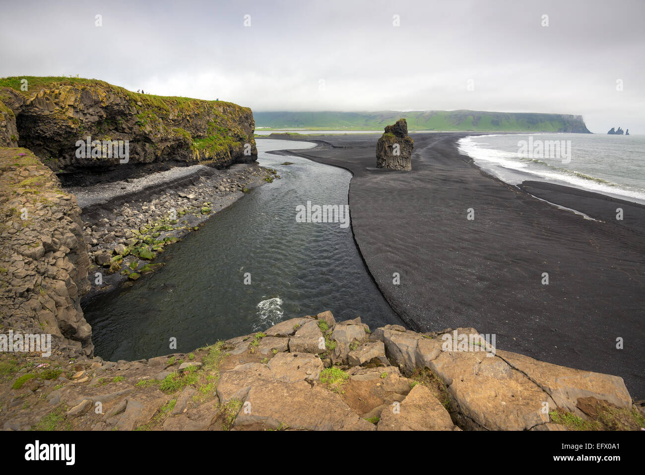 Beautiful view from Dyrholavegur, of black volcanic sand beach in Vik ...
