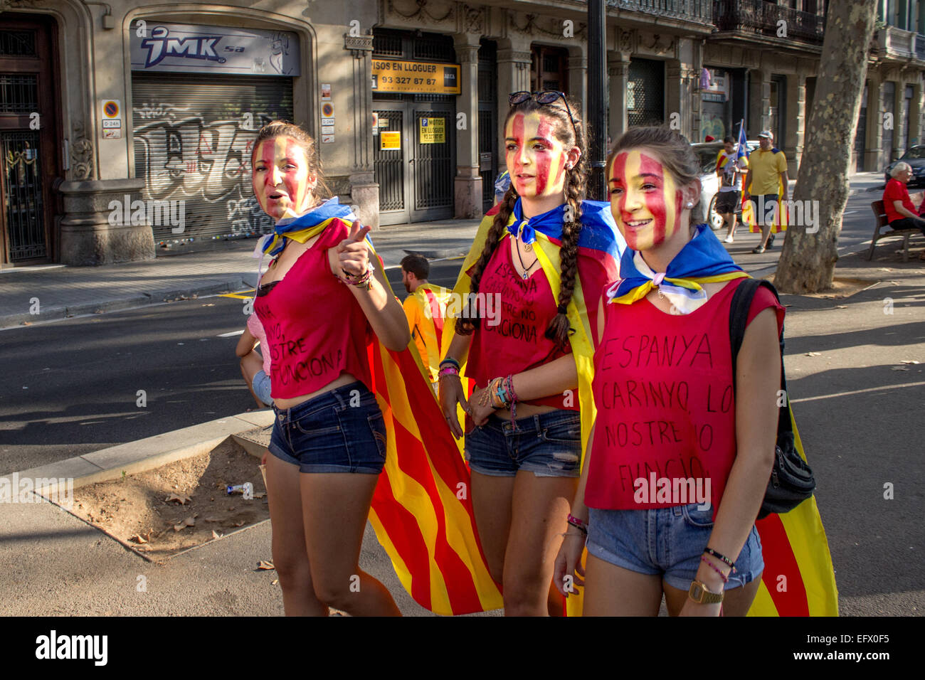 BARCELONA, SPAIN - SEPT. 11: People celebrating independence on the street of Barcelona during the National Day of Cataloniag th Stock Photo