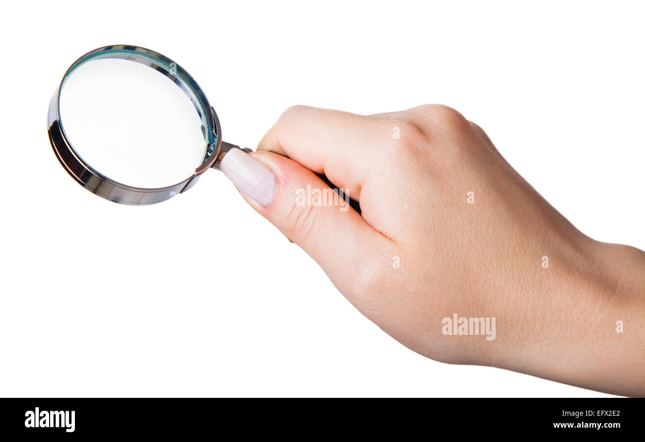 loupe in a female hand, isolated white background Stock Photo Alamy