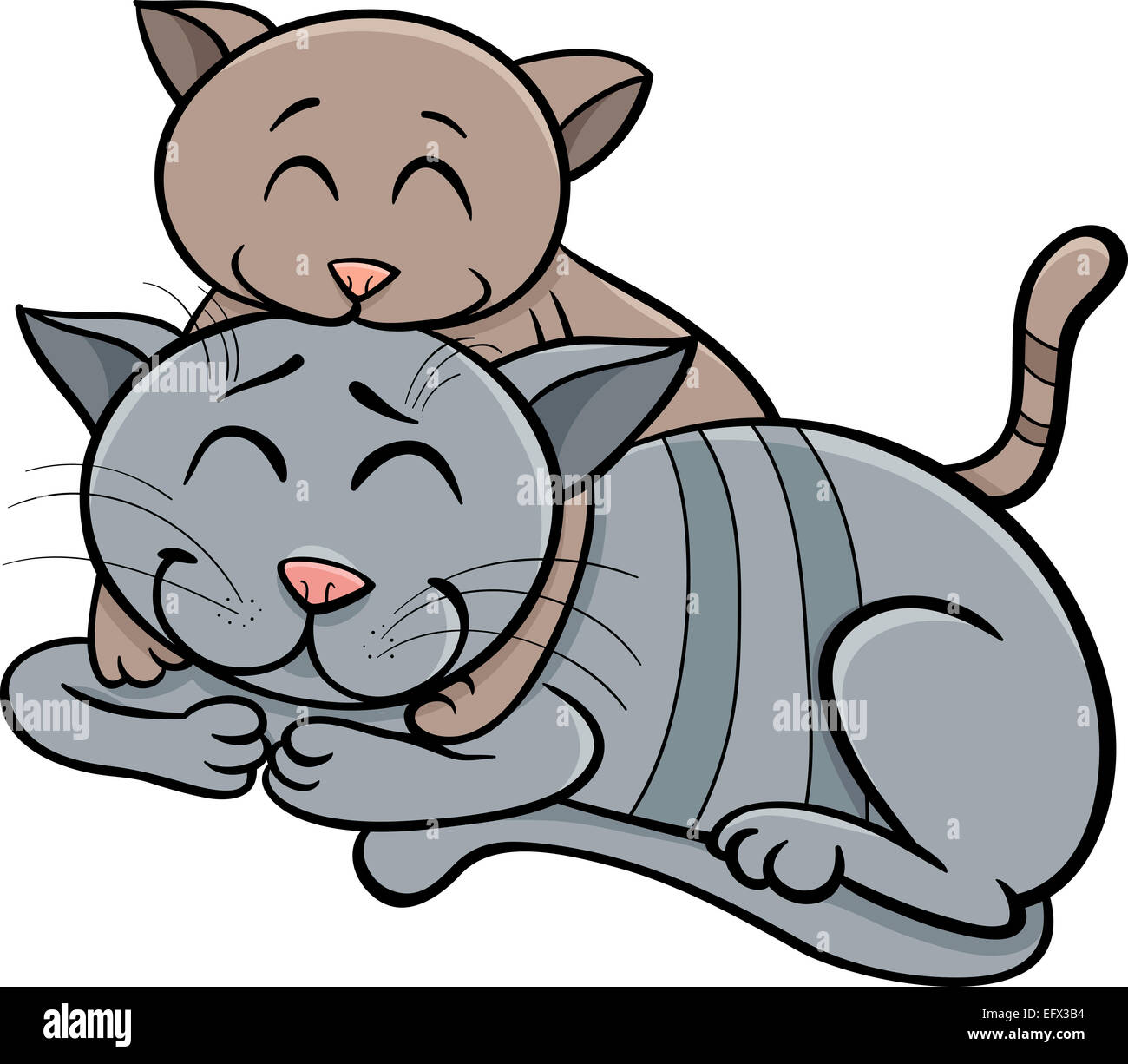 Cartoon Illustration of Happy Cat Mother with Little Kitten Stock Photo