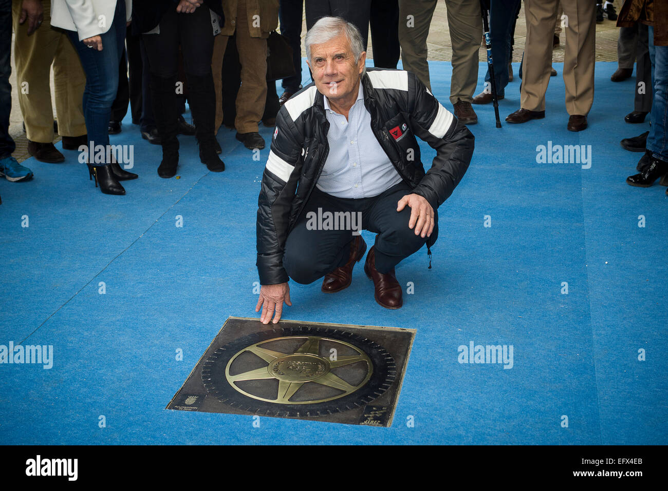 Jerez de la Frontera, Andalusia, Spain, 11 February, 2015: Giacomo Agostini, Italian motorbike rider with more victories in Grand Prix motorcycle racing, places the second star in The Motorcycle Walk of The Fame in Jerez de la Frontera. Stock Photo