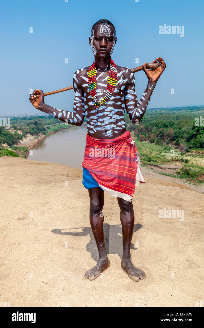 Portrait Of A Young Man From The Karo Tribe, Kolcho Village, The Omo Valley, Ethiopia Stock Photo