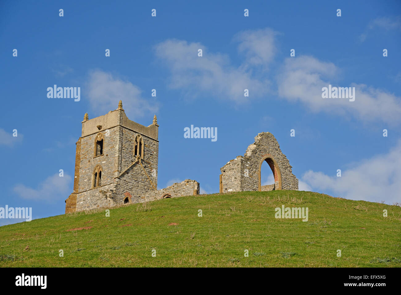 The ruined medieval church of St Michael on Burrow Mump, Burrowbridge, Somerset, UK Stock Photo