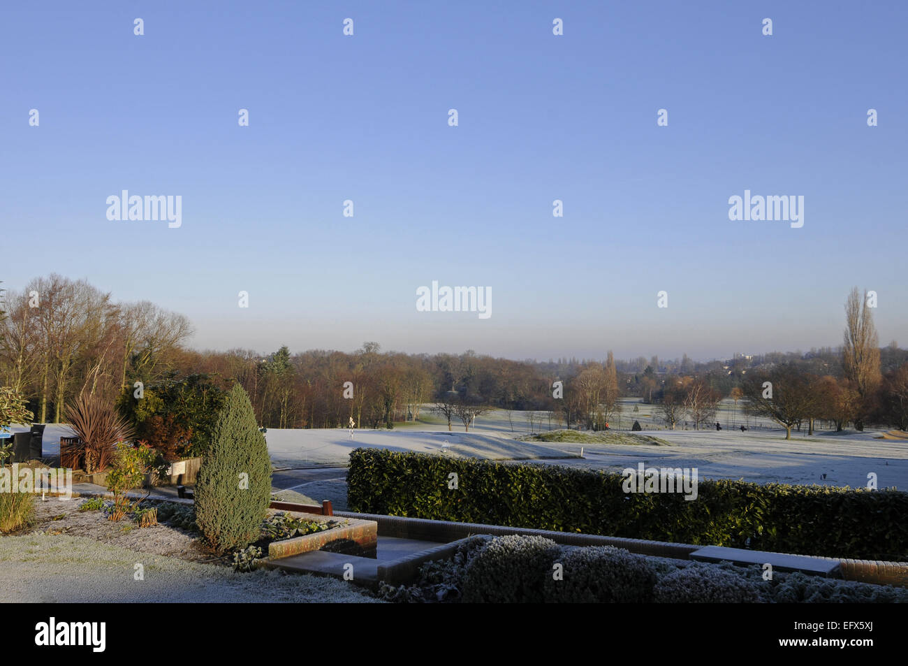Dramatic view over the West Course of Sundridge Park Golf Club from the putting green on a Frosty morning Stock Photo