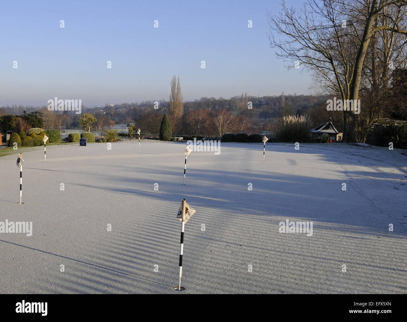 Dramatic view over the West Course of Sundridge Park Golf Club from the putting green on a Frosty morning Stock Photo
