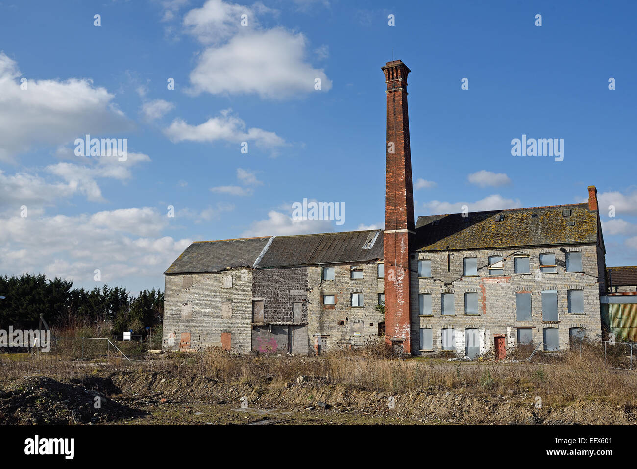 Derelict factory buildings on the Morlands Enterprise Park site in Glastonbury, Somerset, UK