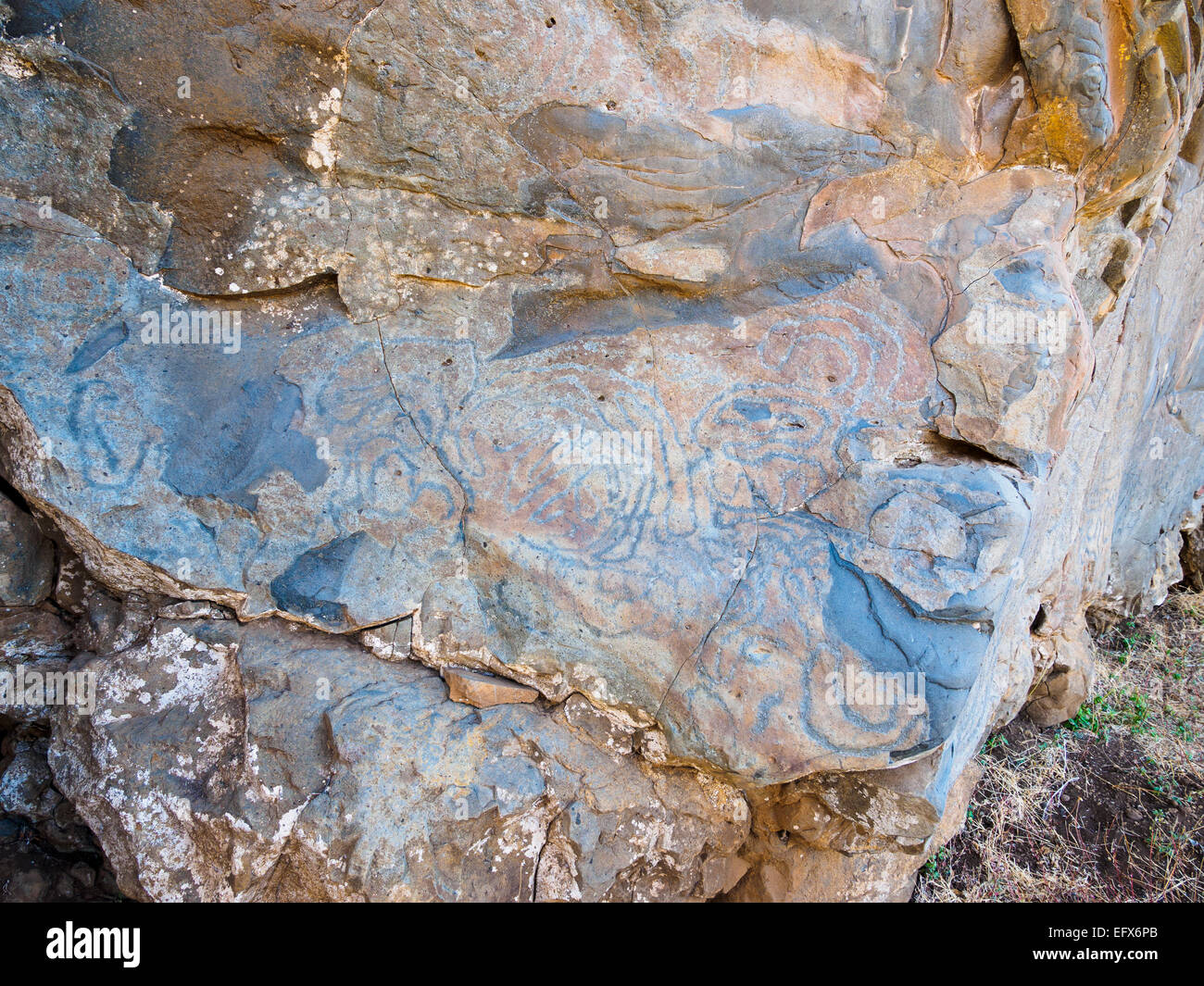 Prehistoric La Fajana rock carvings at El Paso on the Canary Island of La Palma Stock Photo