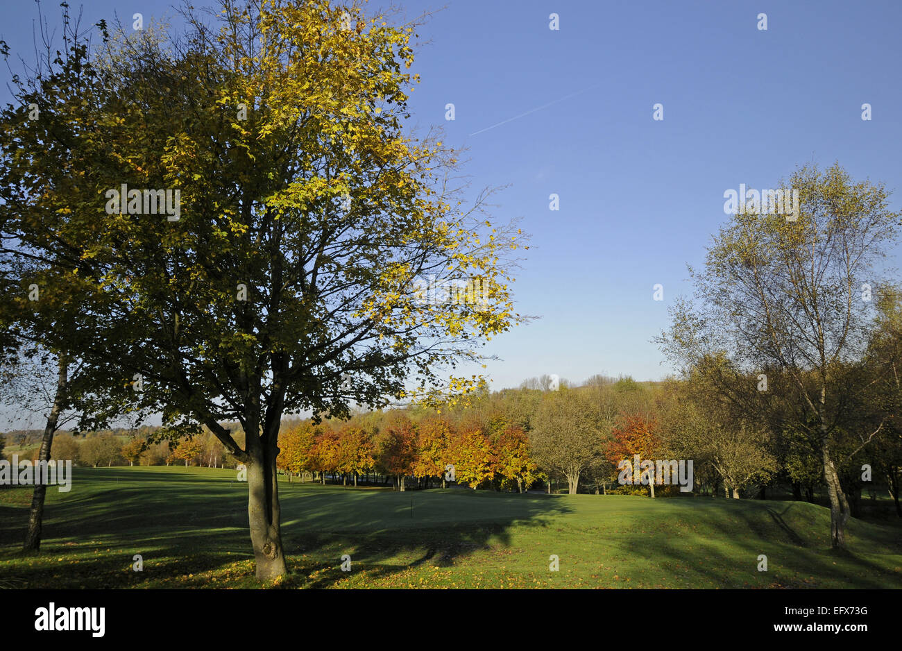 Dramatic Autumn colours on the trees behind the 14th Green Broke Hill Golf Club Orpington Kent England Stock Photo