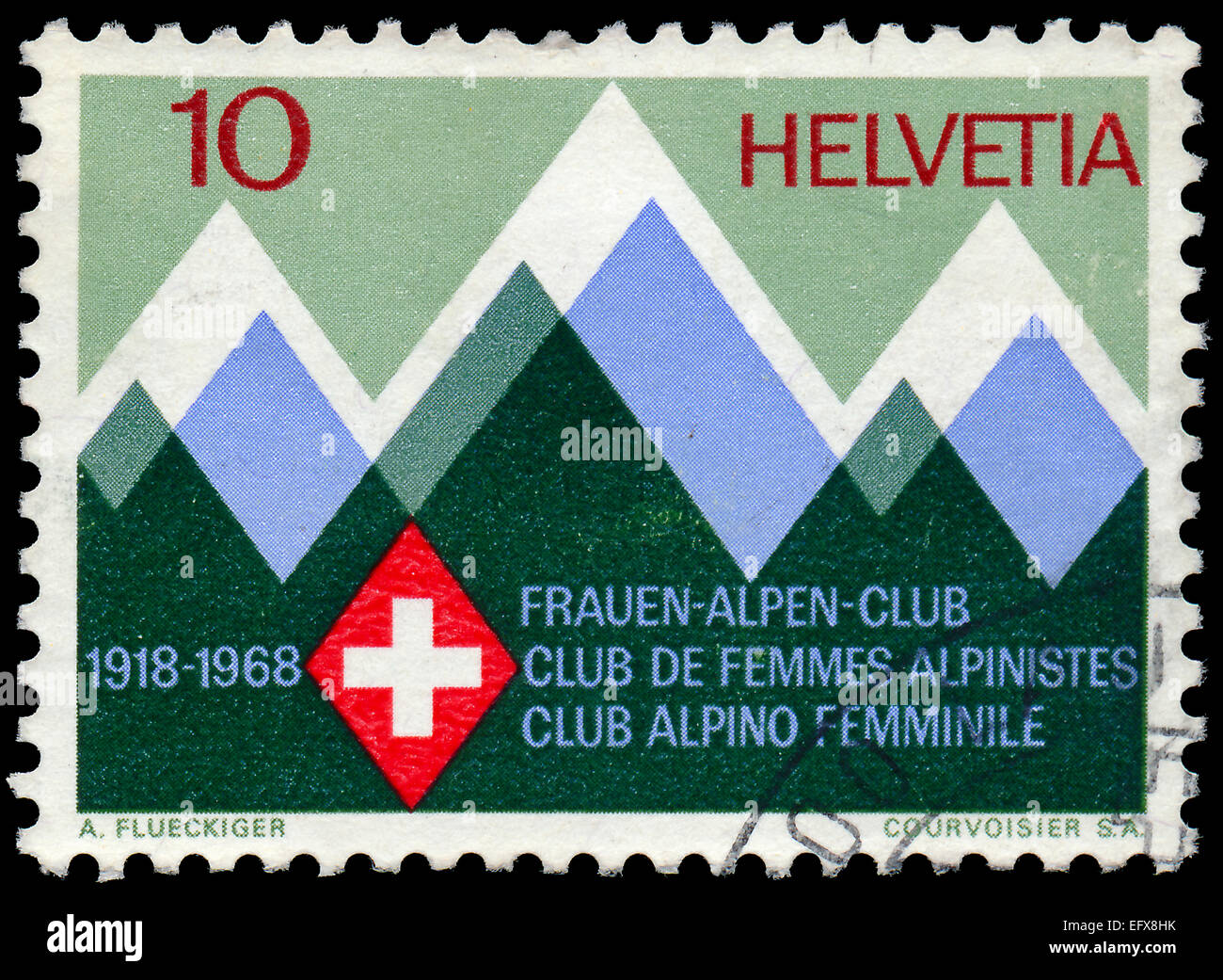 SWITZERLAND - CIRCA 1968: a stamp printed in the Switzerland shows Mountains and Emblem of the Swiss Women's Alpine Club, 50th A Stock Photo