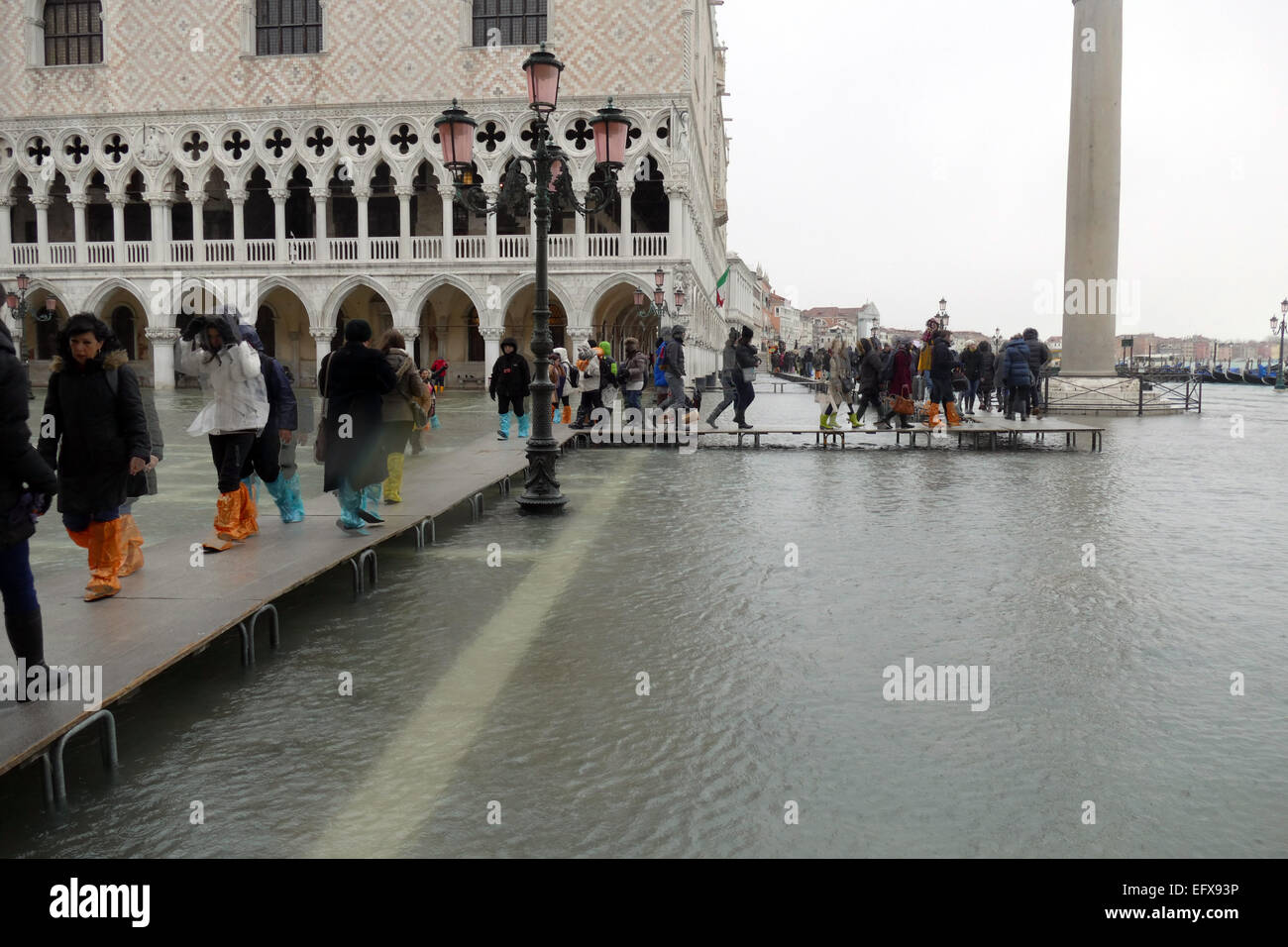 Venice, 6 February 2015. After heavy rain and strong wind, the water level rose by over 1 meter. Piazza San Marco is under water Stock Photo