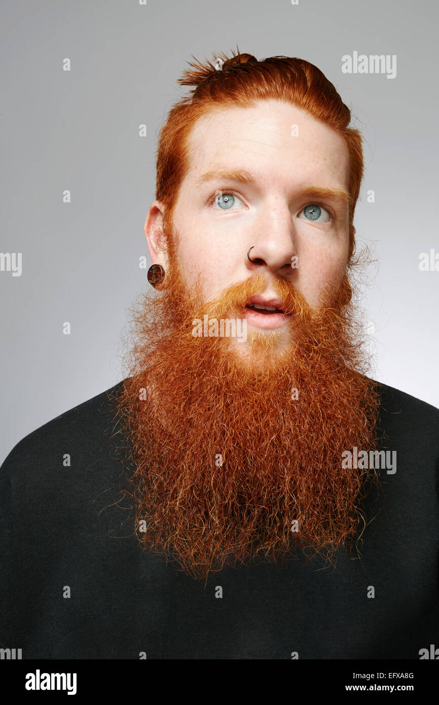 Studio portrait of young man with blue eyes, red hair and overgrown beard Stock Photo