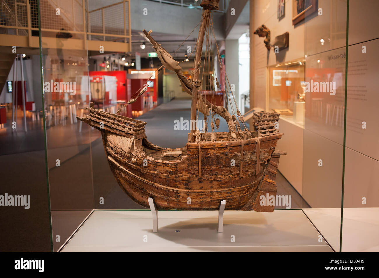 Coca of Mataro medieval merchant ship model from 15th century Rotterdam Maritime Museum, Holland, Netherlands. Stock Photo