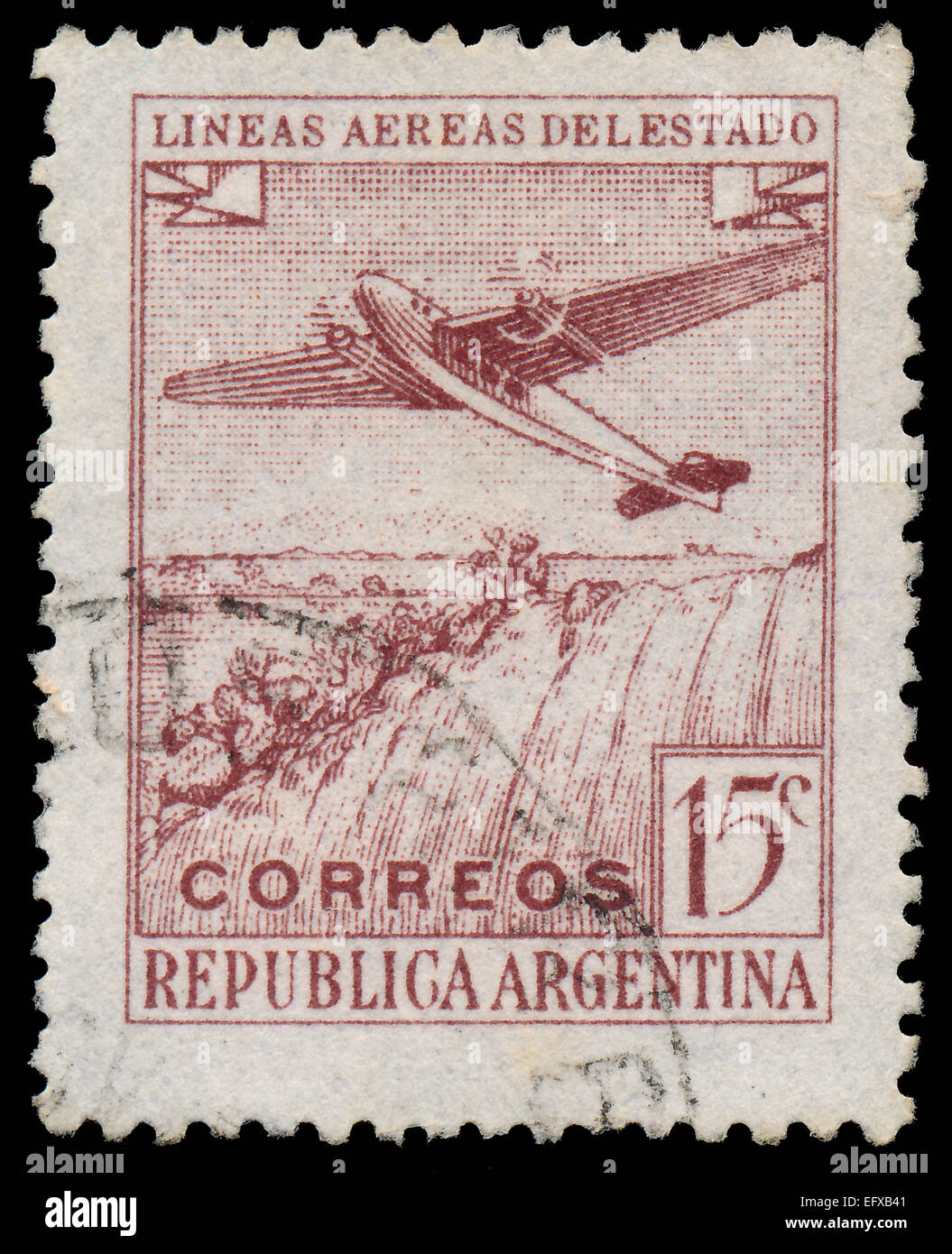 ARGENTINA - CIRCA 1946: a stamp printed in the Argentina shows Plane over Iguassu Falls, circa 1946 Stock Photo