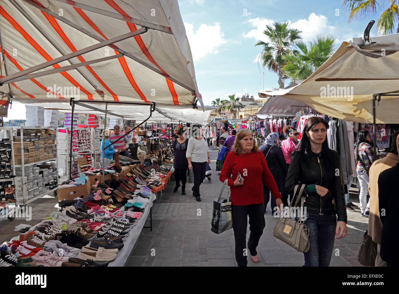 Sunday Market, on harbour edge, Marsaxlokk, Malta Stock Photo Alamy