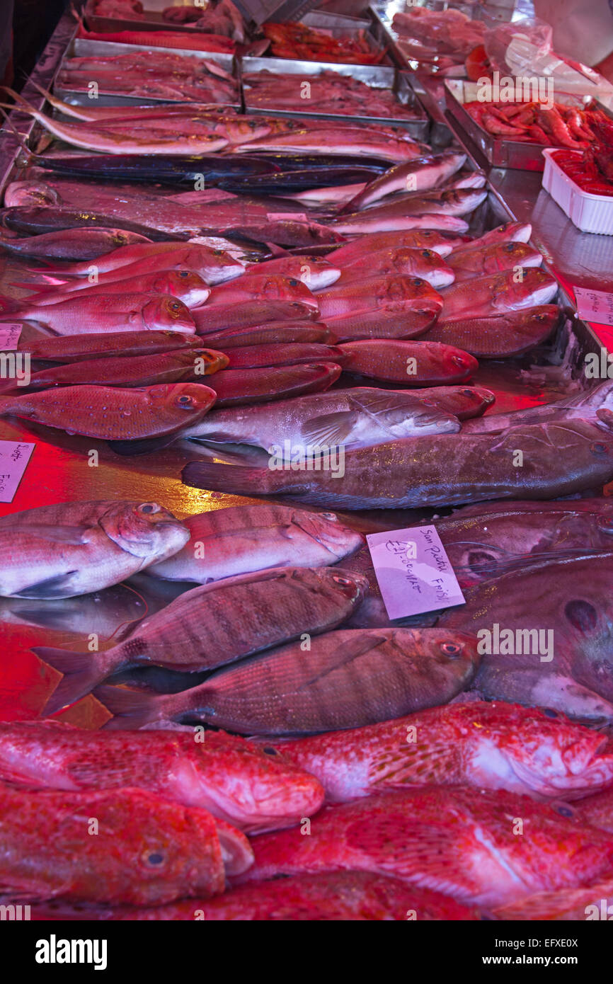Market stall selling locally caught, fresh fish, Marsaxlokk, Malta Stock Photo