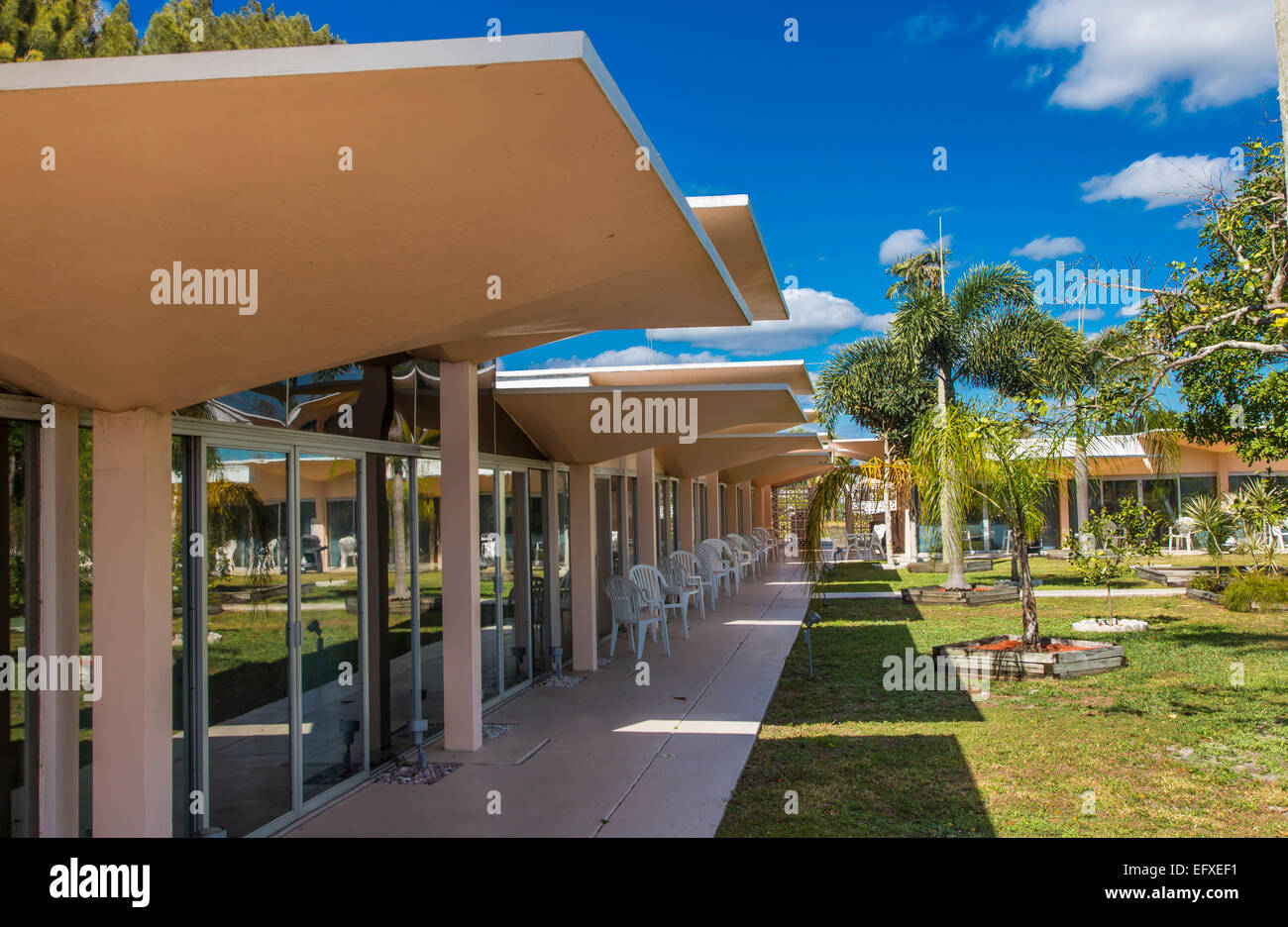 Mushroom Champagne glass style roof on Warm Mineral Springs Motel in North Port Florida was designed by architect Victor A. Lund Stock Photo