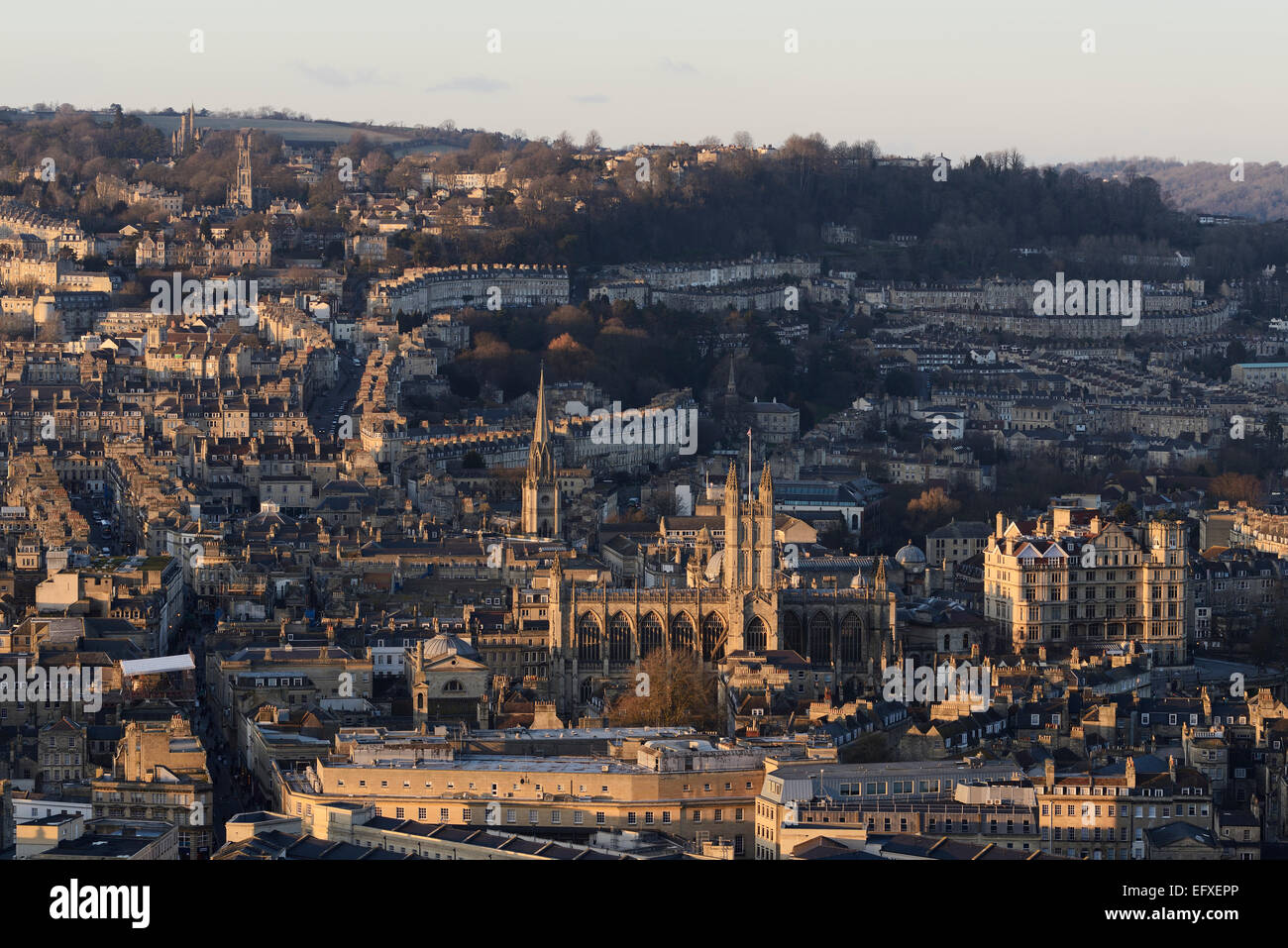 Bath city centre buildings and Bath Abbey in late evening sunshine Stock Photo