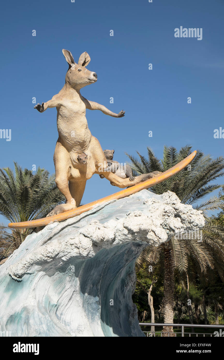 Statue of surfing kangaroo in Zabeel Park Dubai, The Gold Coast in Australia is twinned with Dubai United Arab Emirates Stock Photo