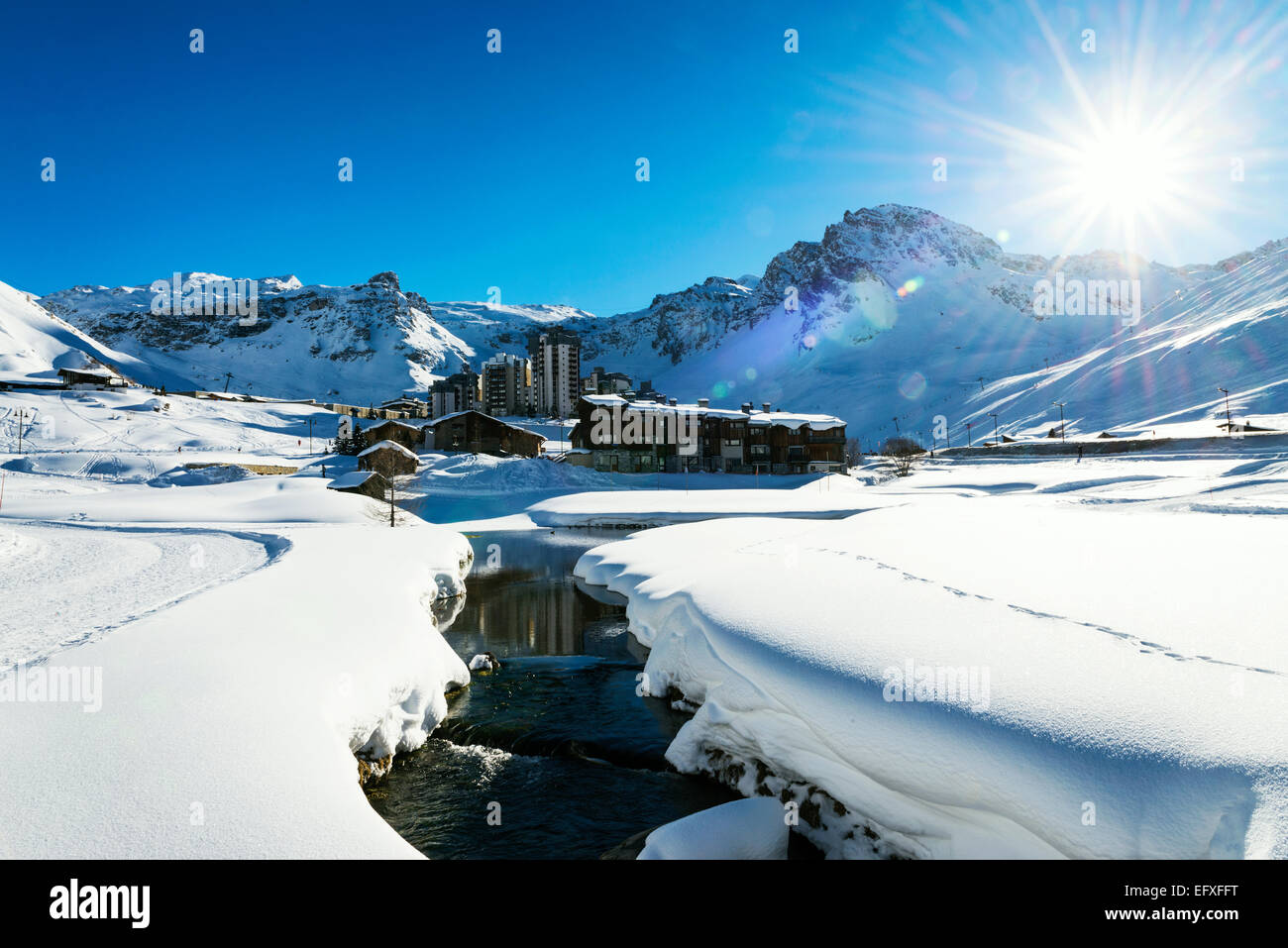 Llandscape and ski resort in French Alps,Tignes, Le Clavet, Tarentaise, France Stock Photo