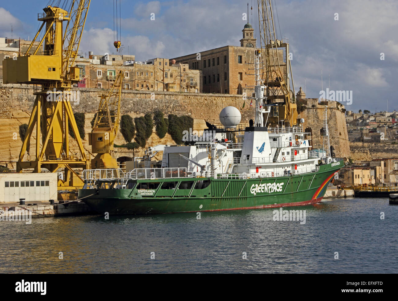 Greenpeace ship, Esperanza, moored in Grand Harbour, Valletta, Malta Stock Photo