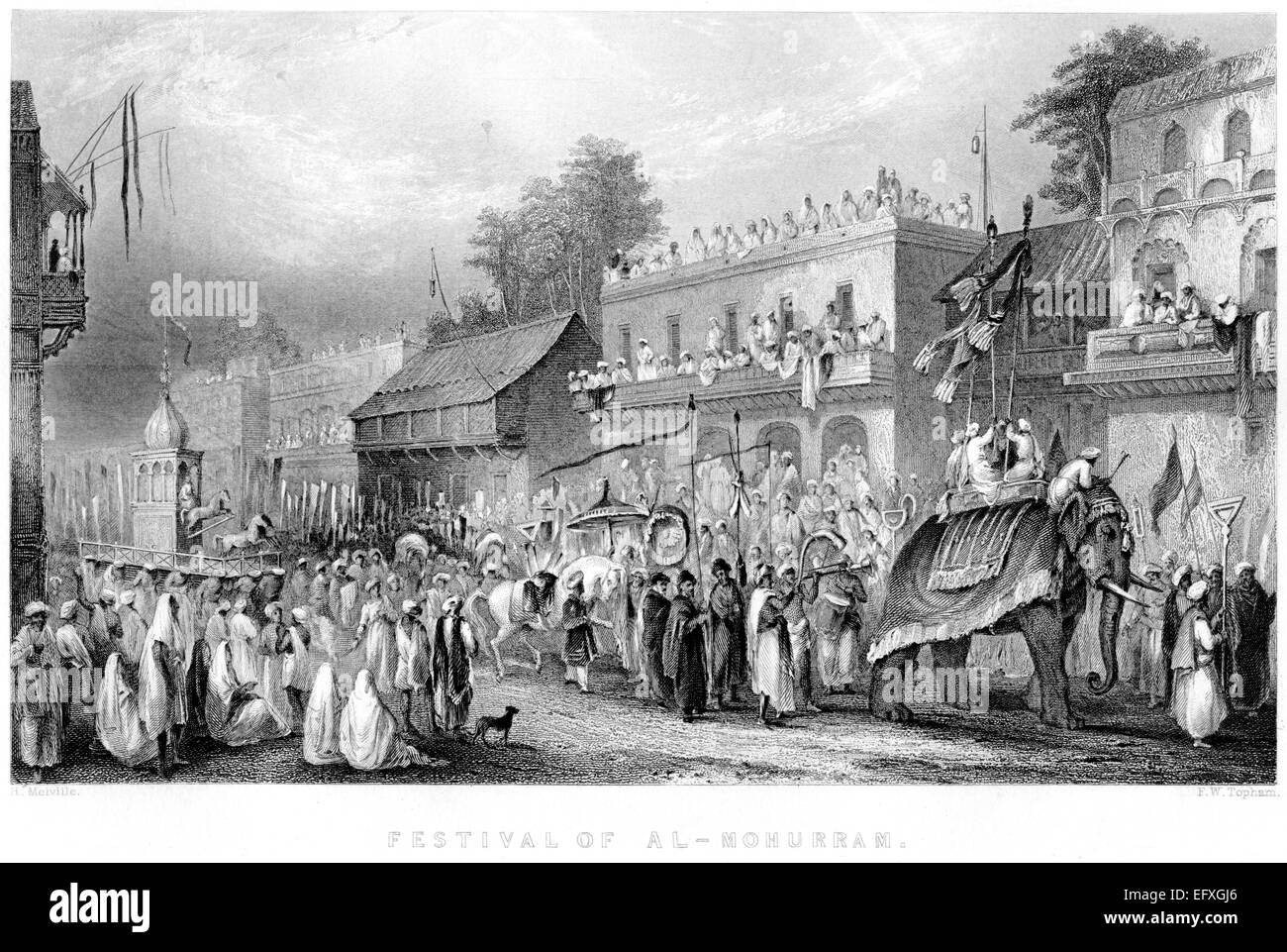 An engraving of the Festival of Al Mohurram scanned at high resolution from a book printed in 1845. Believed copyright free. Stock Photo