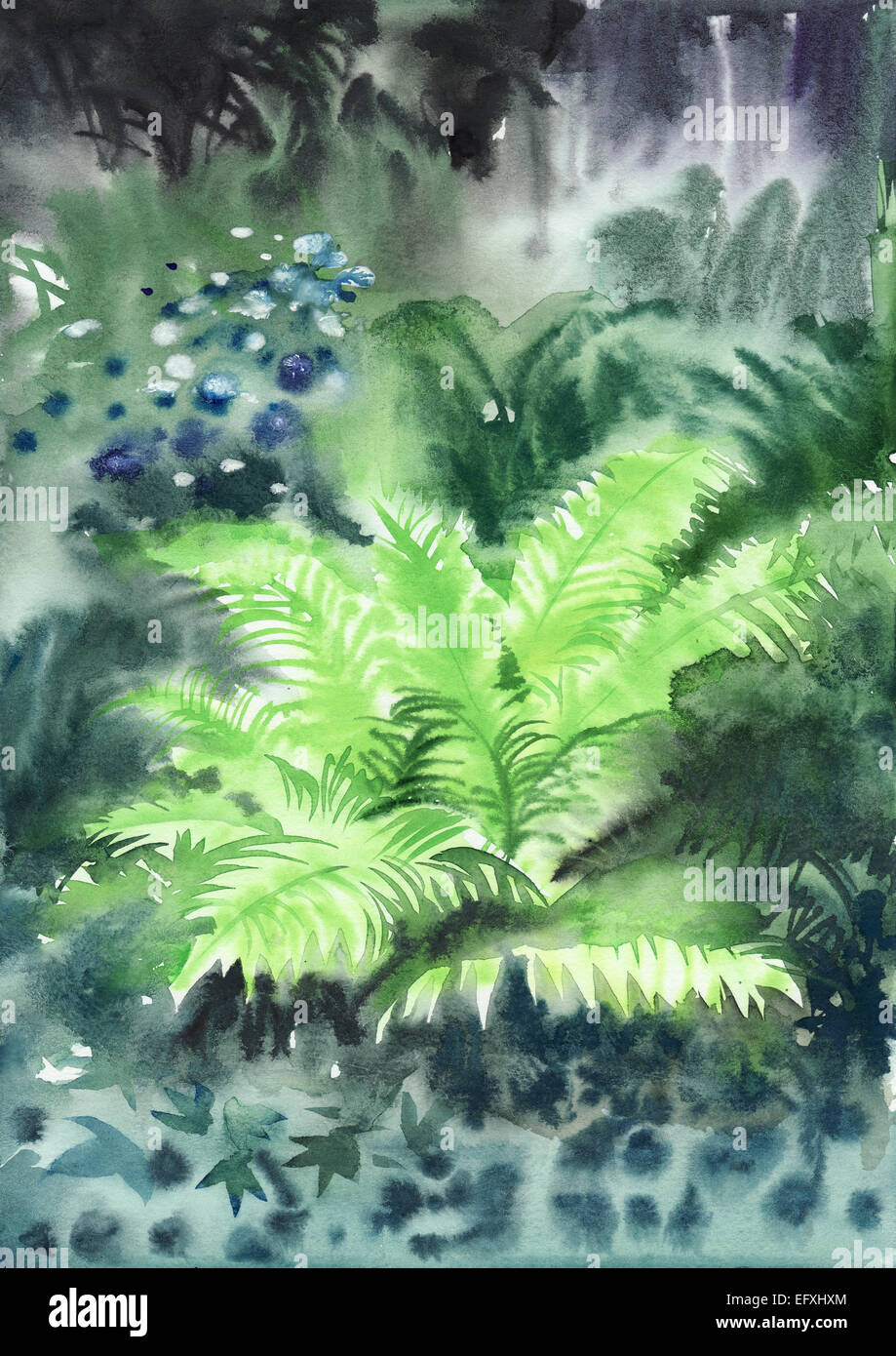 Watercolor original painting of fern in the forest. Wet style