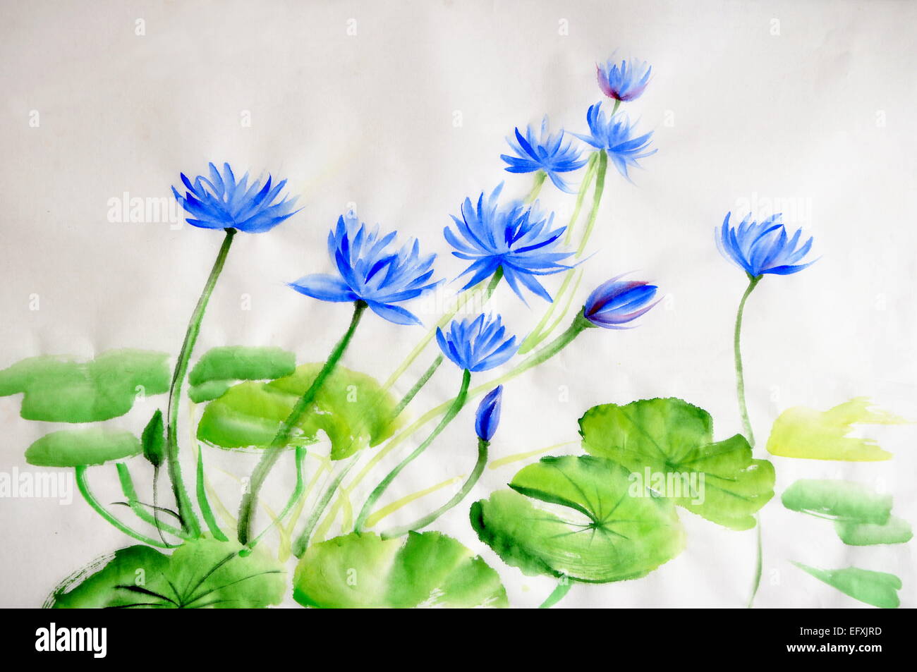 Blue Nymphea lotus flower watercolor painting on rice paper, original