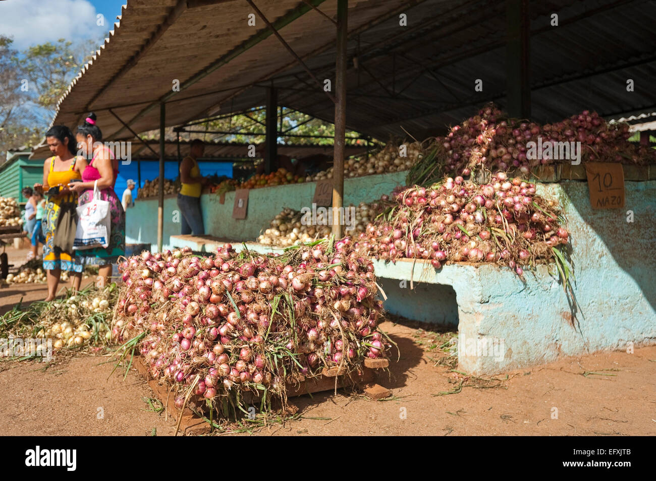 Horizontal view of the main fruit and vegetable market in Camaguey, Cuba. Stock Photo