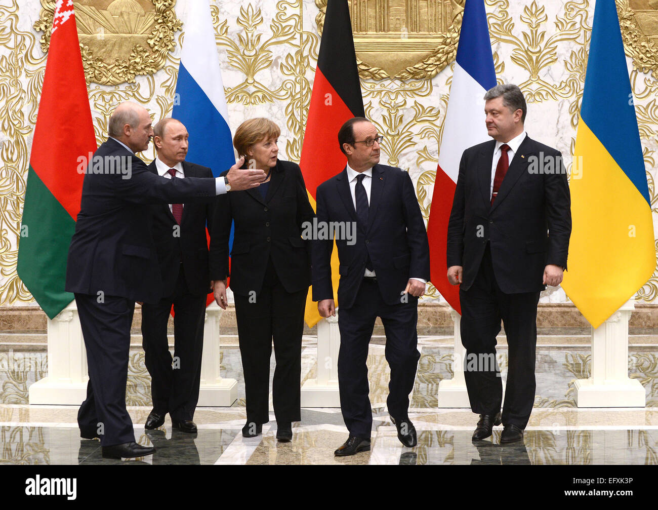 Minsk Belarus 11th Feb 2015 Belarus President Alexander Lukashenko Russia S President Vladimir Putin Germany S Chancellor Angela Merkel France S President Francois Hollande And Ukraine S President Petro Poroshenko L R Pose For A Group Photograph