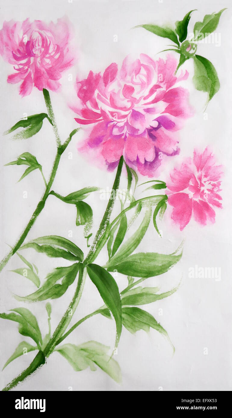 A bush of pink peonies. Original watercolor painting on rice paper