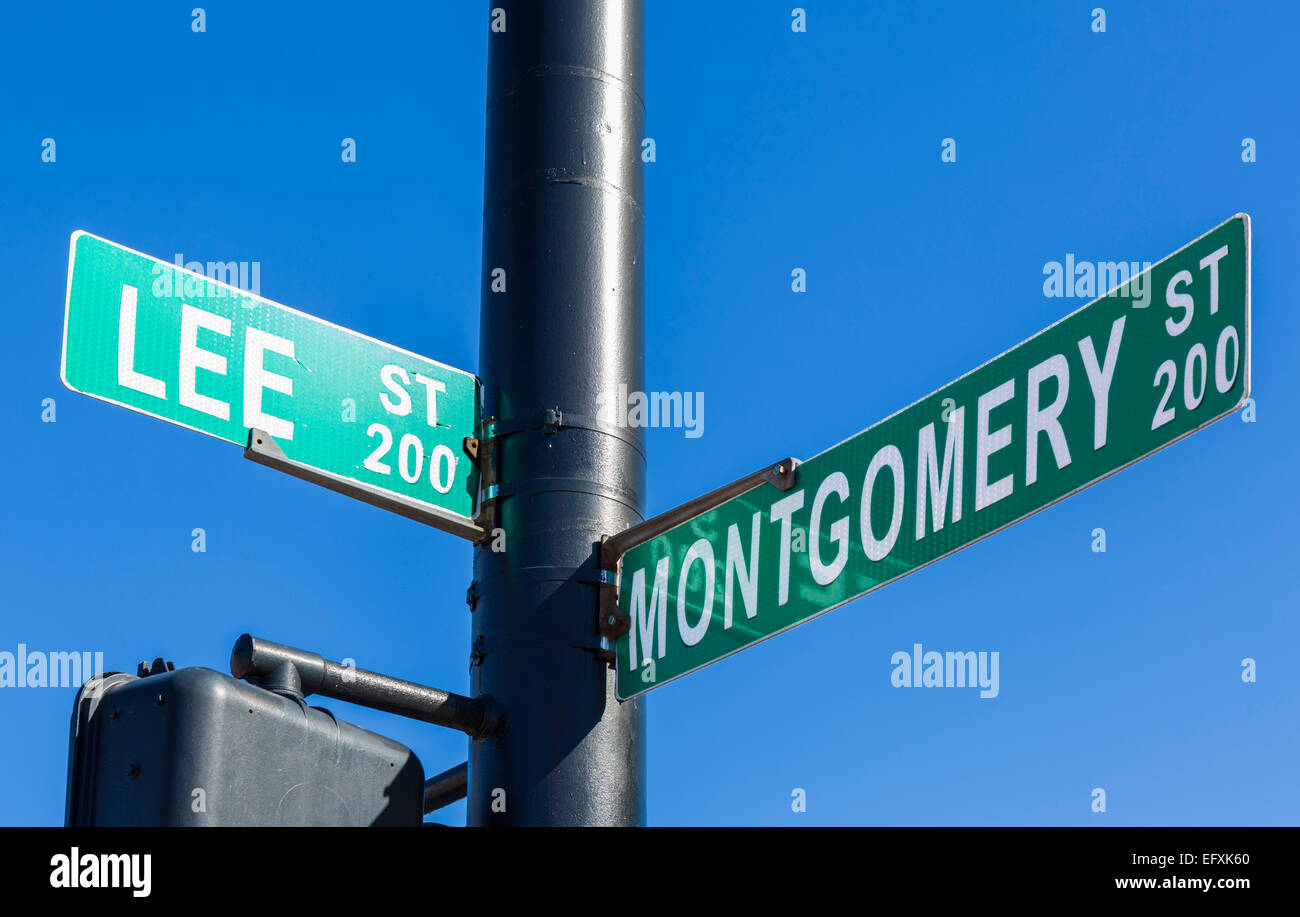 Montgomery Street street sign near spot where Rosa Parks boarded a bus and refused to give up her seat, Montgomery, Alabama, USA Stock Photo