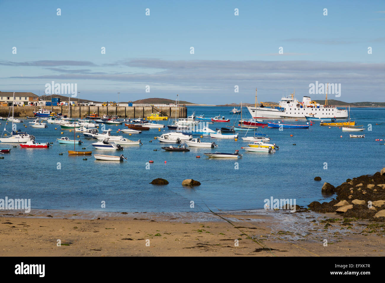 St Mary's Harbour Scillonian Arriving Isles of Scilly; UK Stock Photo