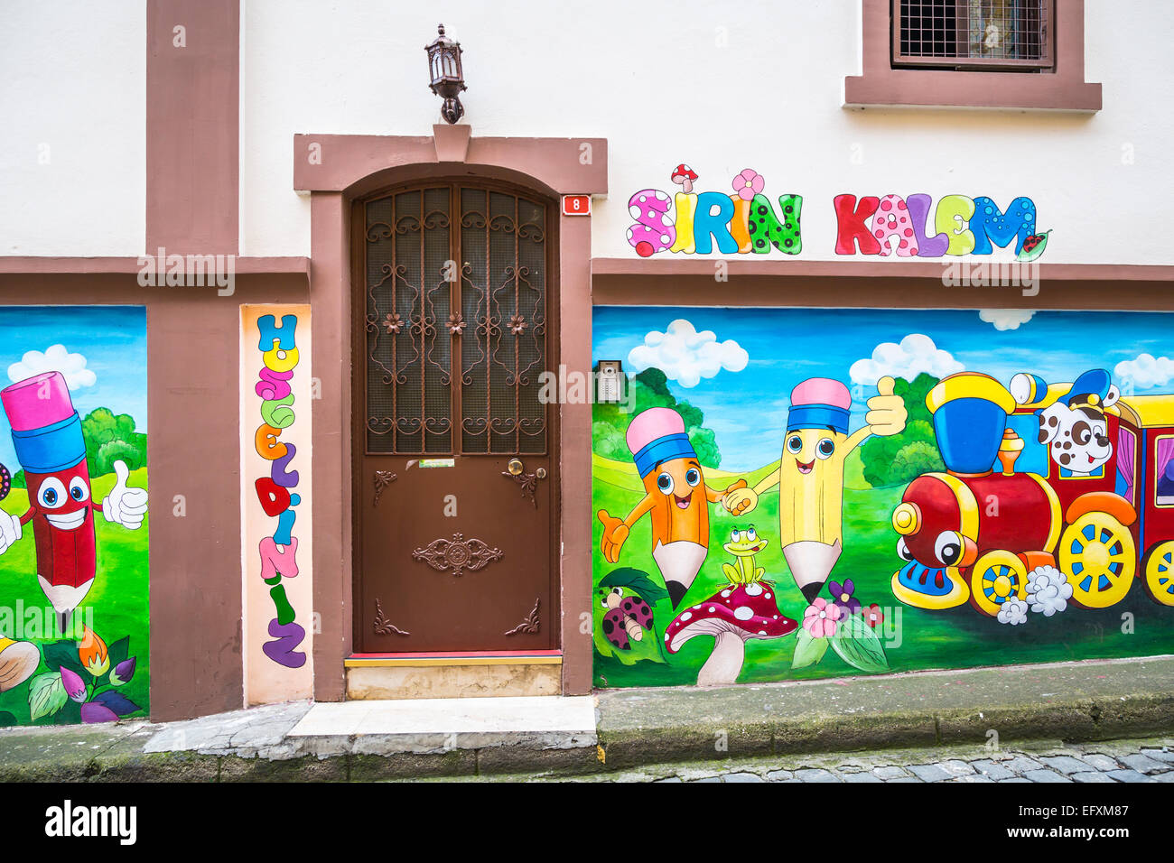 A mural on an exterior  wall of a day care center in Trabzon, Turkey, Eurasia. Stock Photo