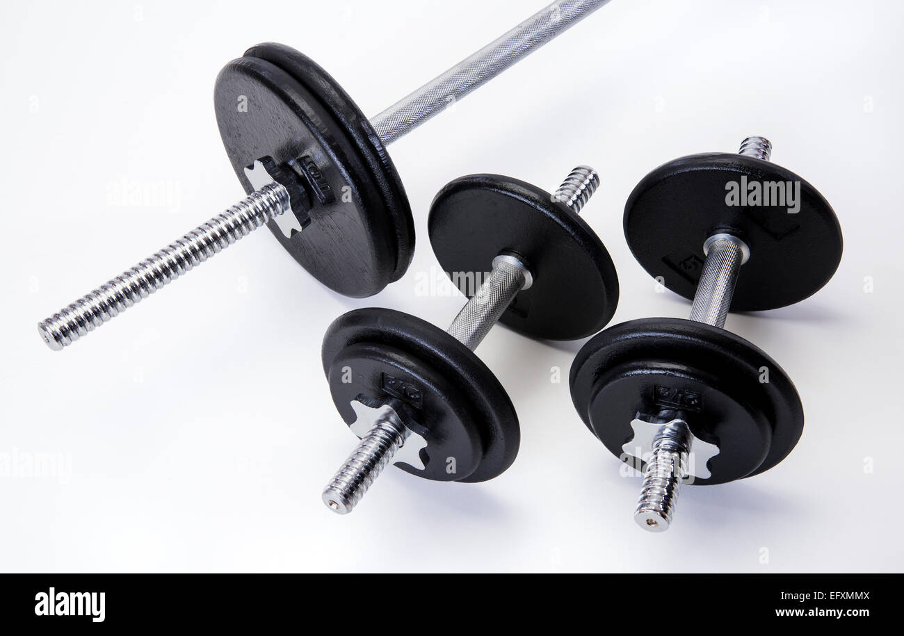 Iron and steel free weights set for fitness Stock Photo