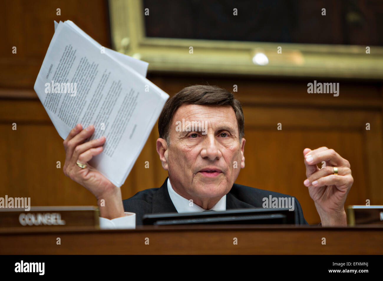 Congressmen John Mica questions a witness during the House Oversight and Government Reform Committee hearing on the Benghazi attack on Capitol Hill May 8, 2013 in Washington, DC. Stock Photo