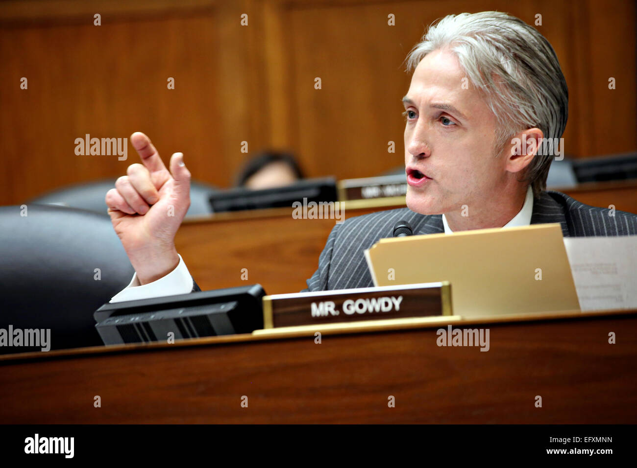 Congressmen Trey Gowdy questions a witness during the House Oversight and Government Reform Committee hearing on the IRS targeting of political groups on Capitol Hill March 26, 2014 in Washington, DC. Stock Photo