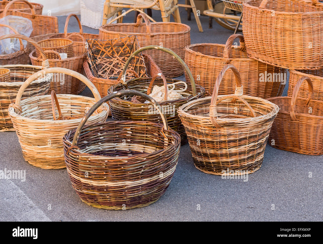 Various wicker baskets for sale at the local market Stock Photo