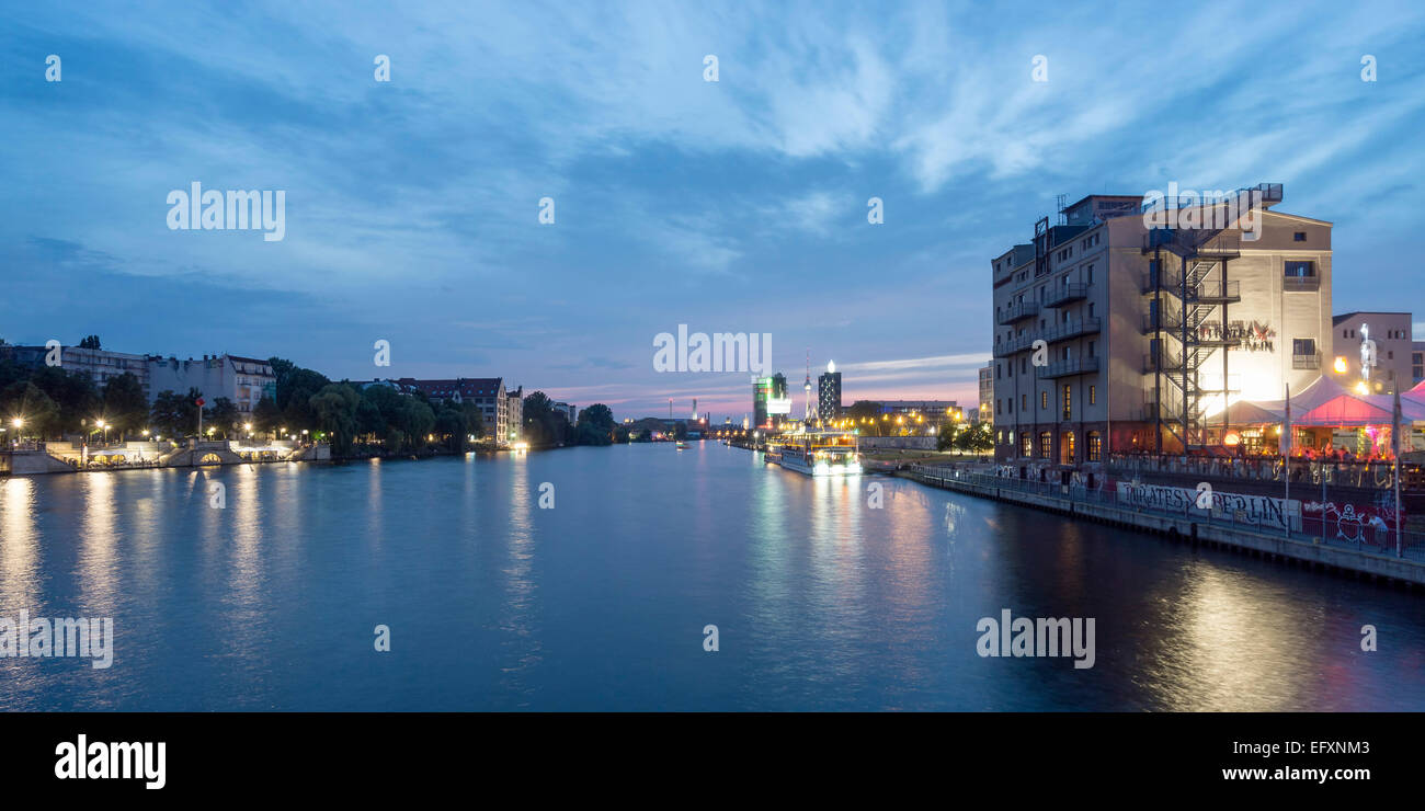 Panoramic View from  Oberbaum bridge,  River Spree, Speicher, Friedrichshain, Kreuzberg, Berlin, Germany Stock Photo