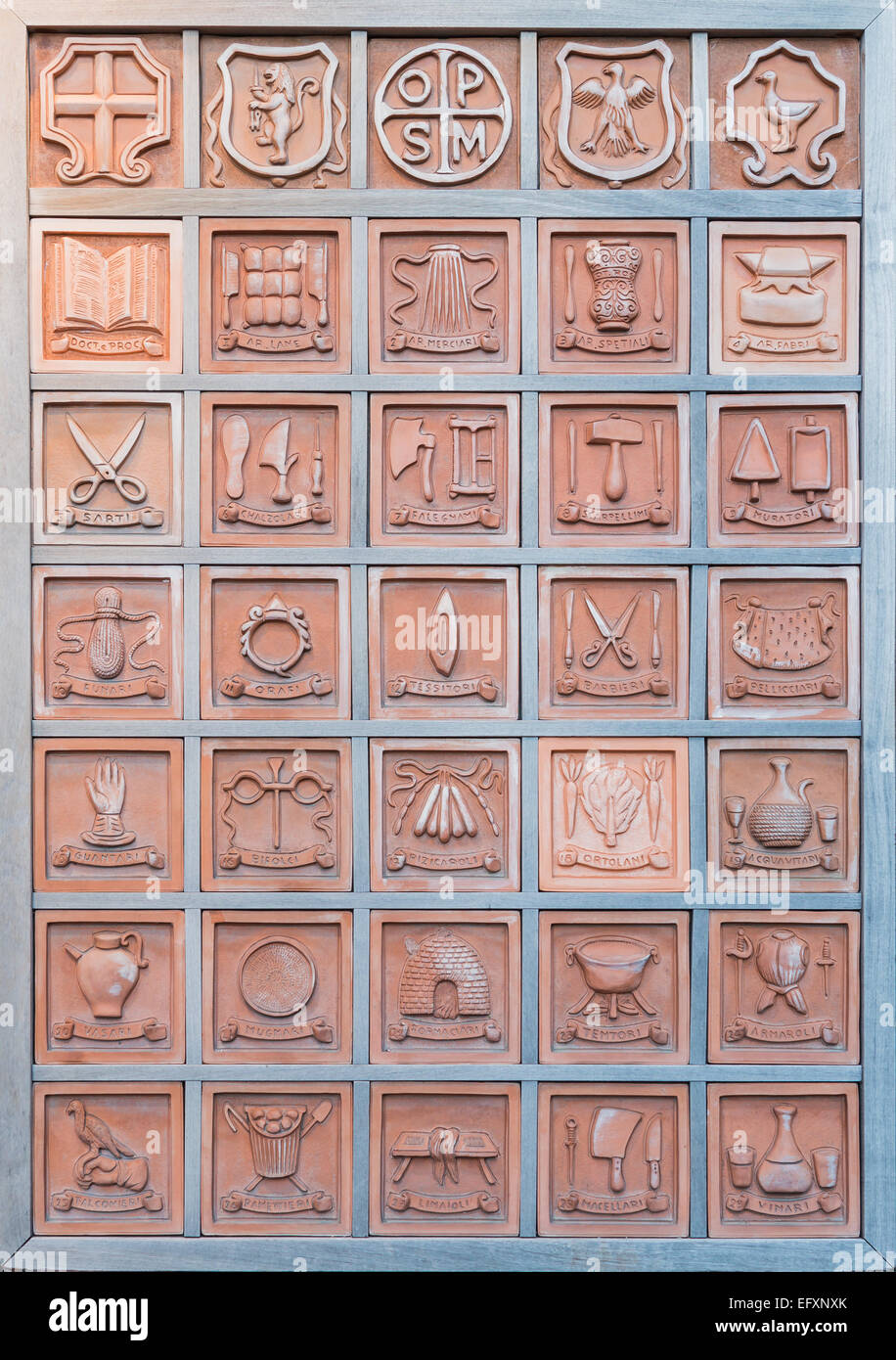Bulletin board with pottery arts, professions and coats of arms of the districts of Orvieto Italy Stock Photo