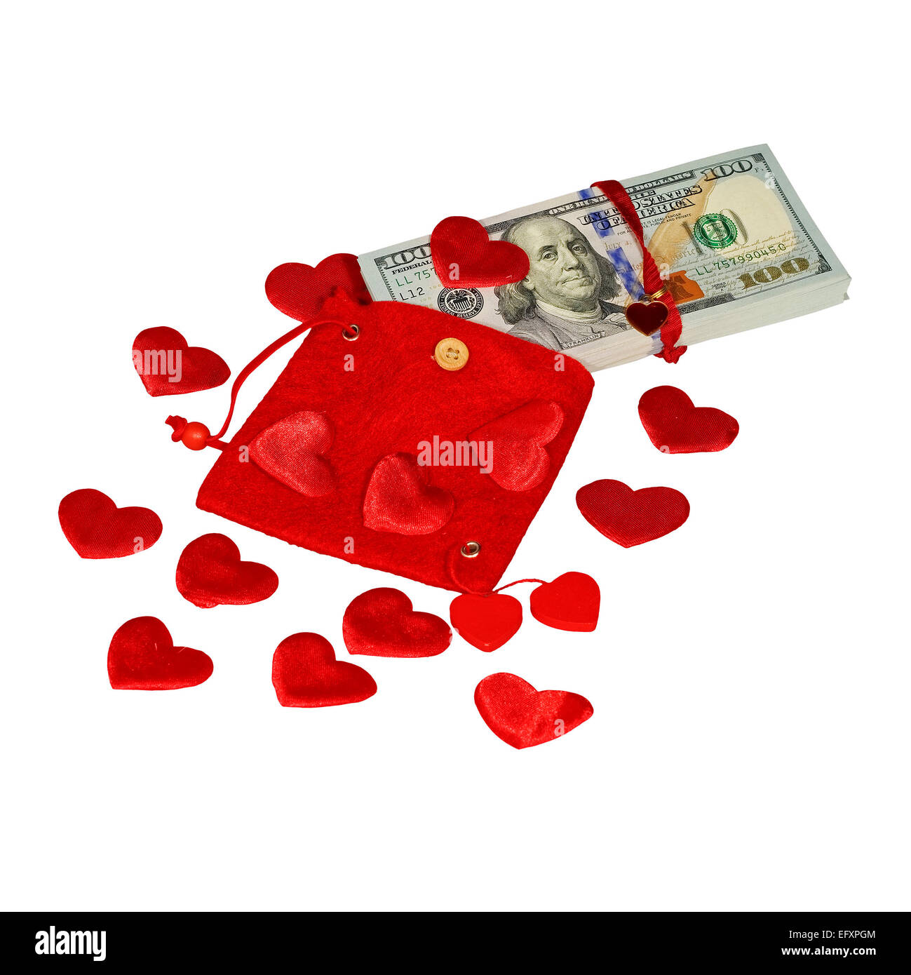 Bundle of dollars in red purse with red hearts and red bow knot