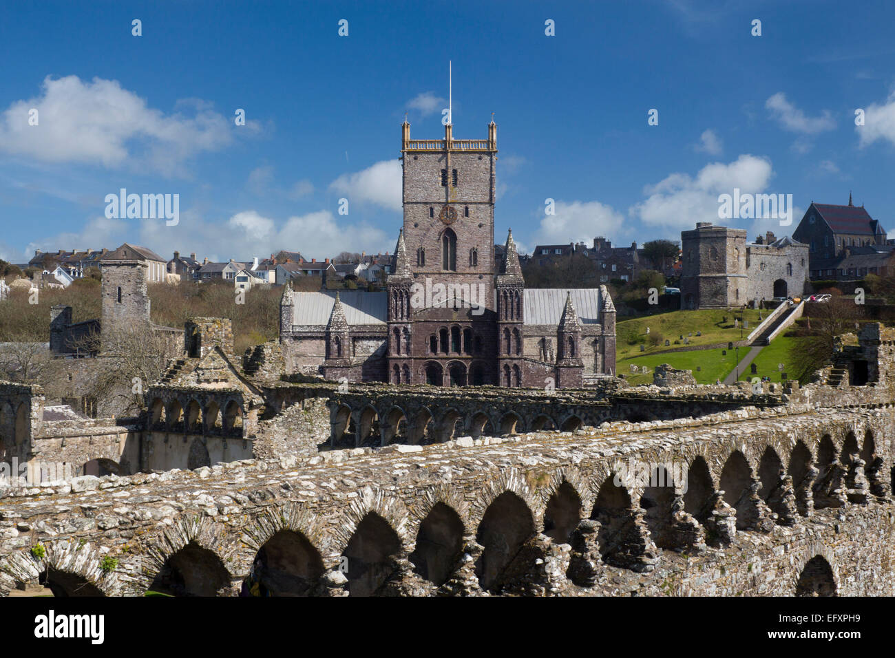 St David's Cathedral from Bishop's Palace Pembrokeshire West Wales UK Stock Photo
