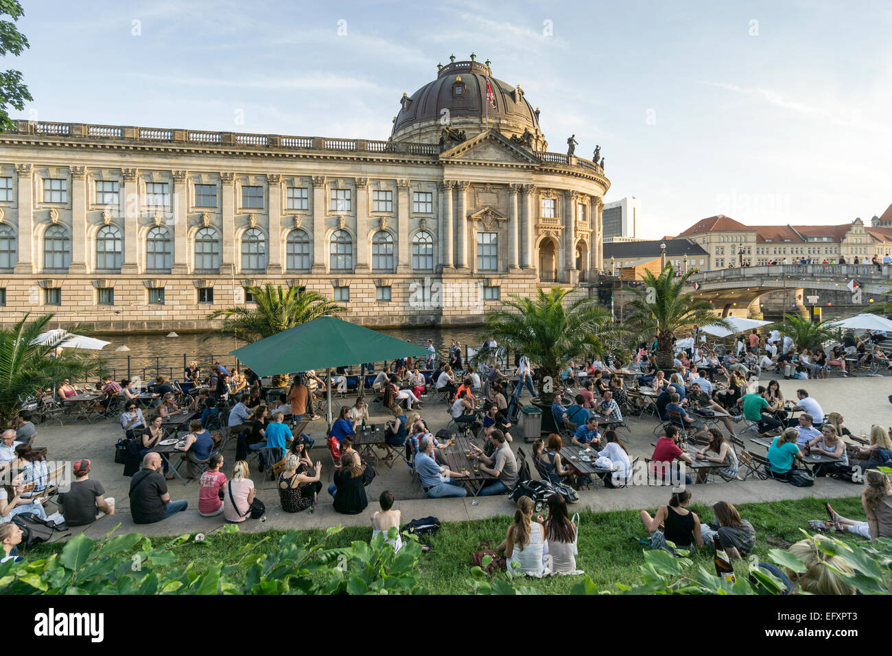 Berlin beach bar at Spree riverbank near Museum island , Strandbar Mitte , Berlin Stock Photo