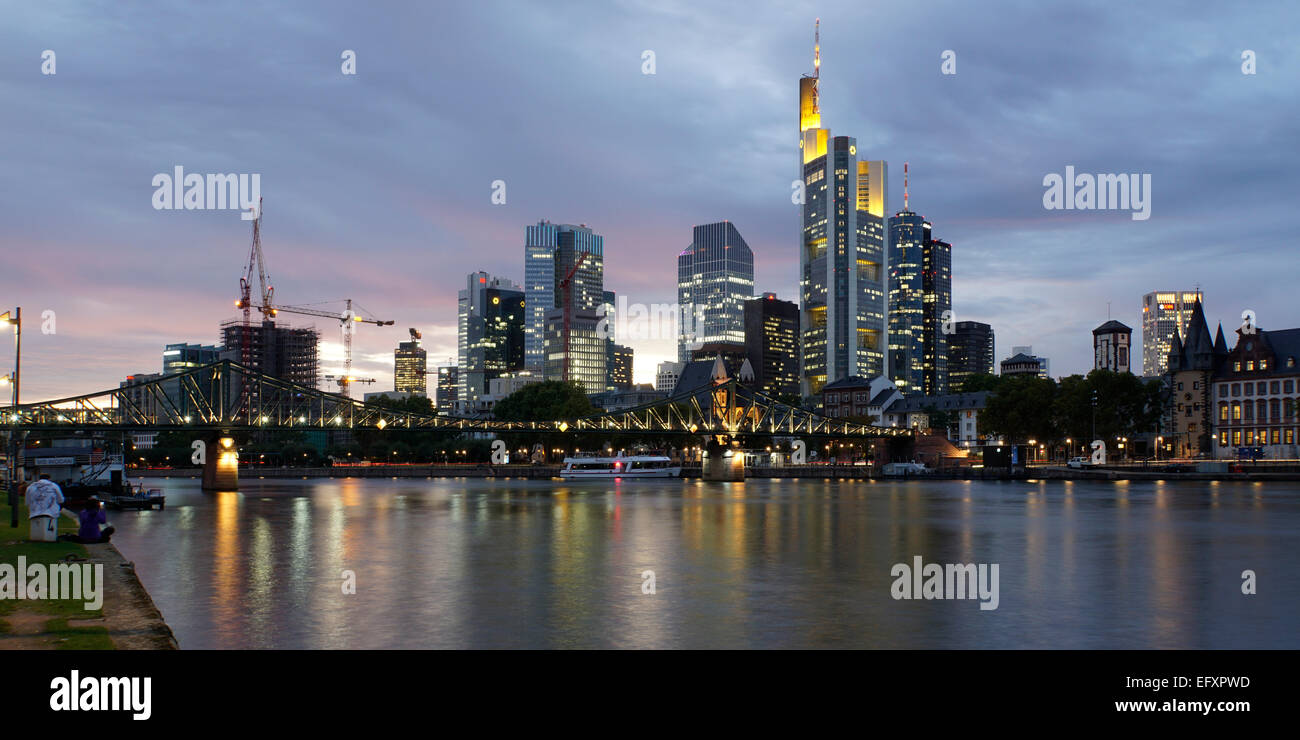 Eisener Steg bridge, Skyline of financial  district,  Frankfurt - Main, Germany Stock Photo