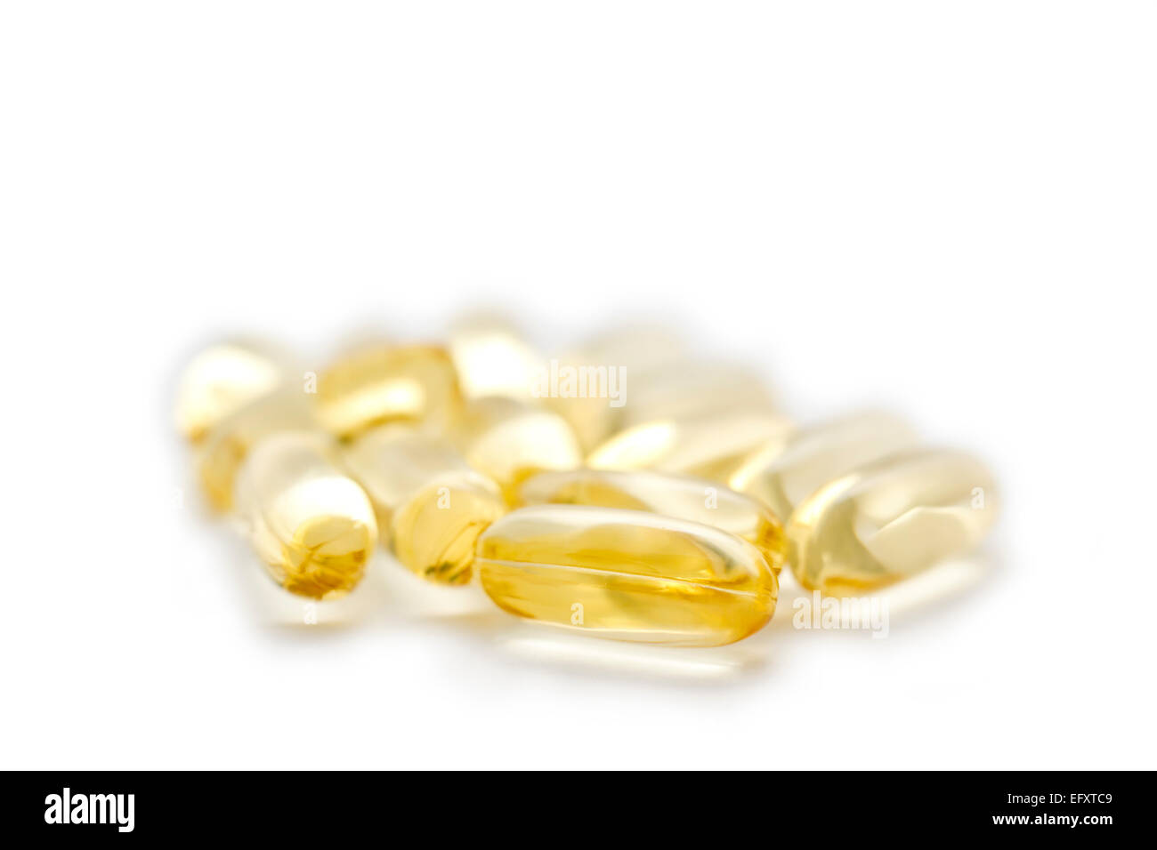 Omega 3 - 6 - 9 Supplements pills on white background. Healthy fatty acids from fish. Stock Photo