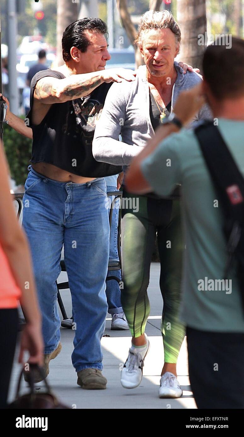 Mickey Rourke, with his hair combed back and sporting tight spandex Nike  running pants, has lunch with Chuck Zito and other friends in Beverly Hills  Featuring: Mickey Rourke,Chuck Zito Where: Los Angeles,