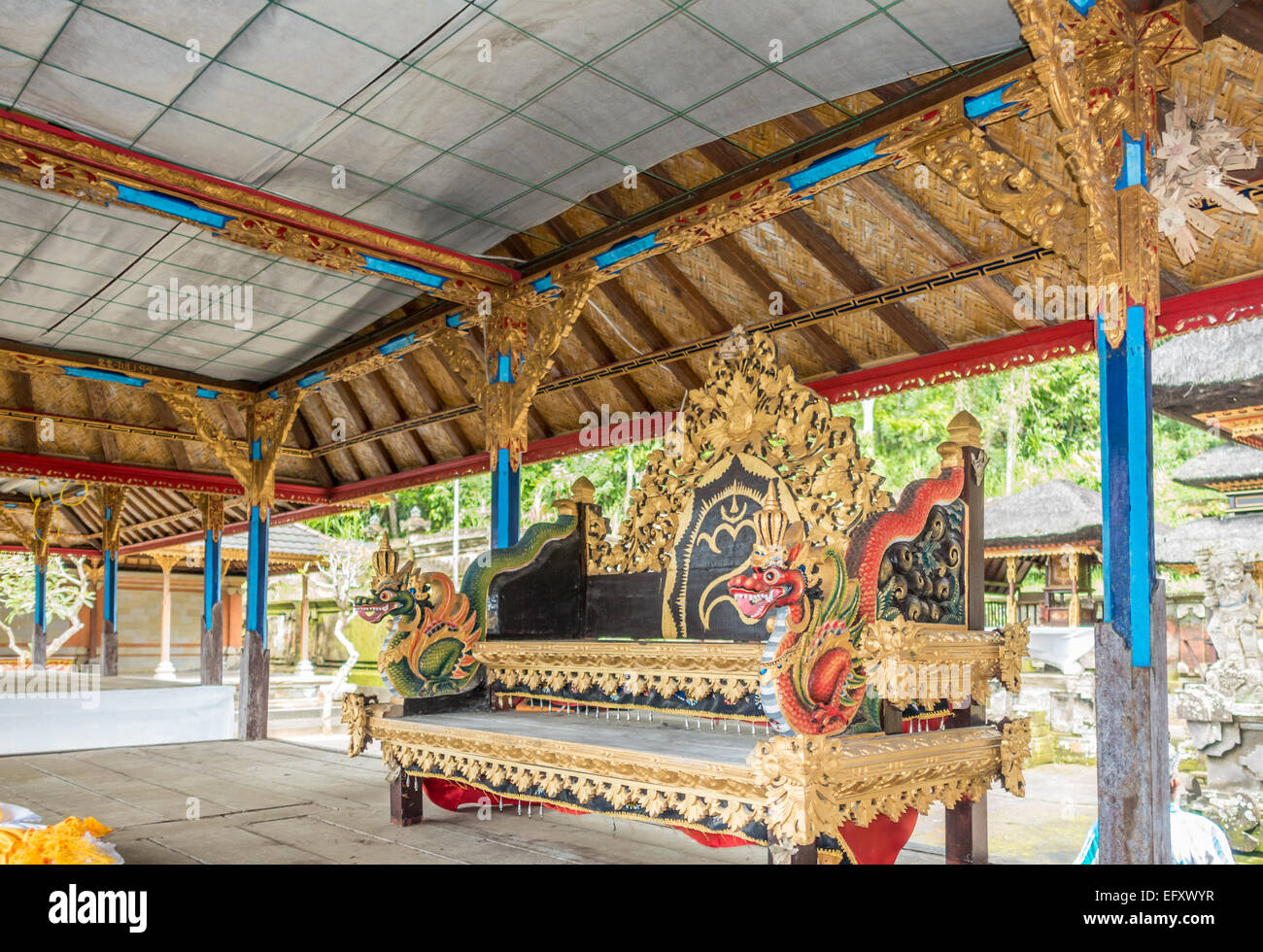 Gilt gold coloured seat bench at Hindu Temple Pura Kehen Bangli Bali Indonesia Stock Photo